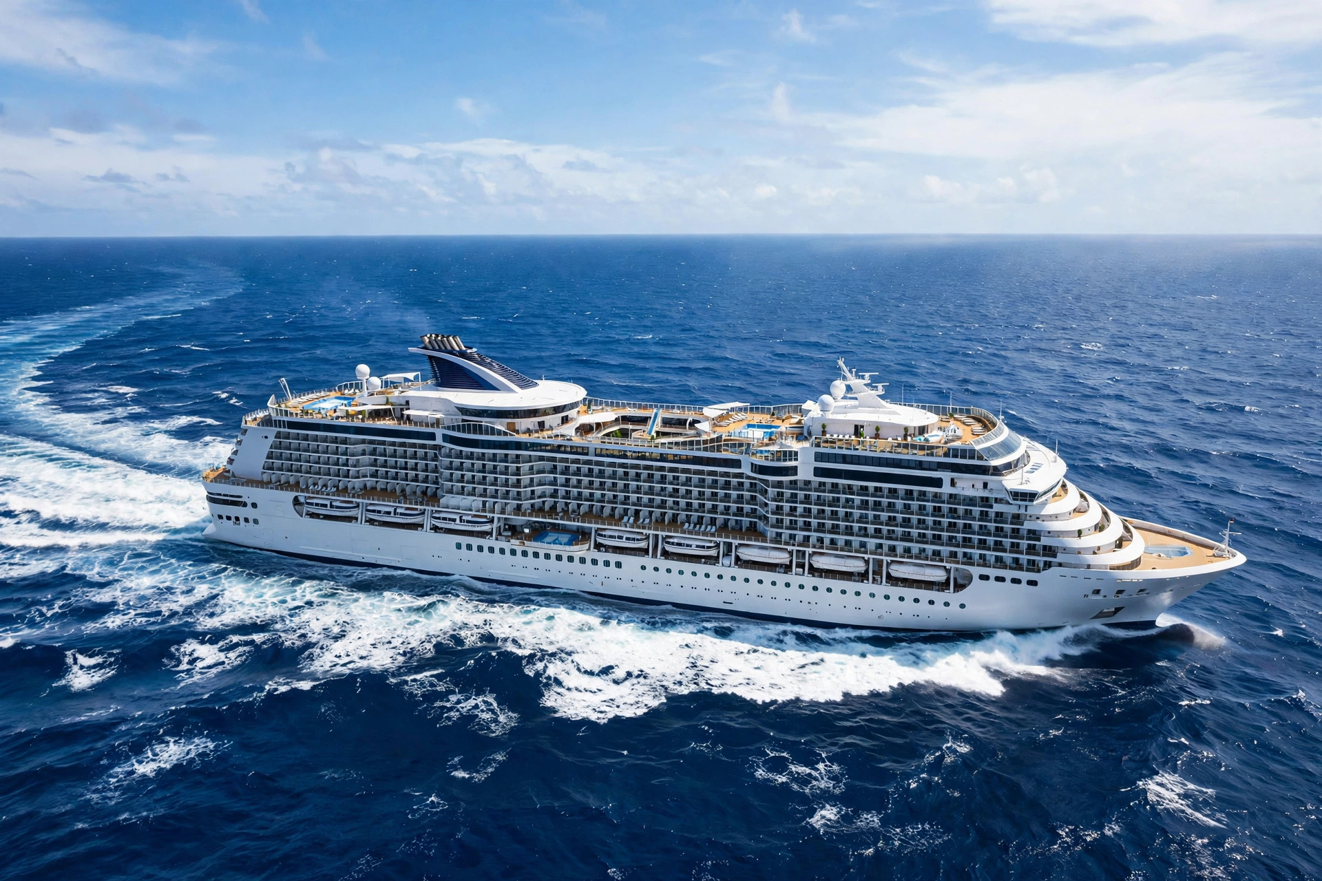 Cruise ship sailing past a scenic coastline